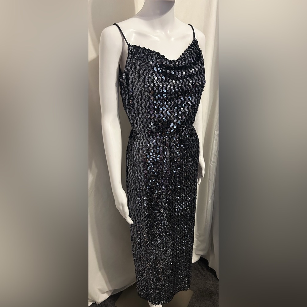 Rare Vintage Sz 10 Black Sequin Formal Party Midi Dress Elegant Holiday Retro